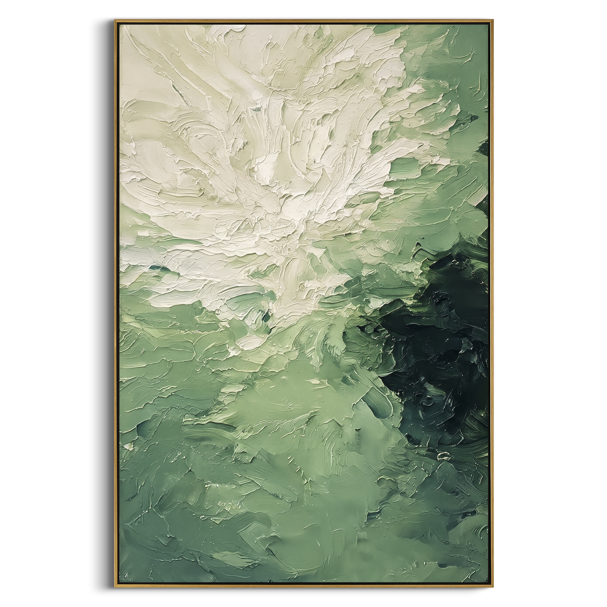 White Bloom Sage Impasto focuses on large white bloom expanding through sage green thick palette knife strokes, using the sage green family as the main atmosphere while keeping the subject and composition specific to the actual main image. The visible details are described from the artwork itself: the placement of the main forms, the surrounding negative space, the relationship between pale highlights and deeper green or dark accents, and the direction of the brushwork across the surface. Raised