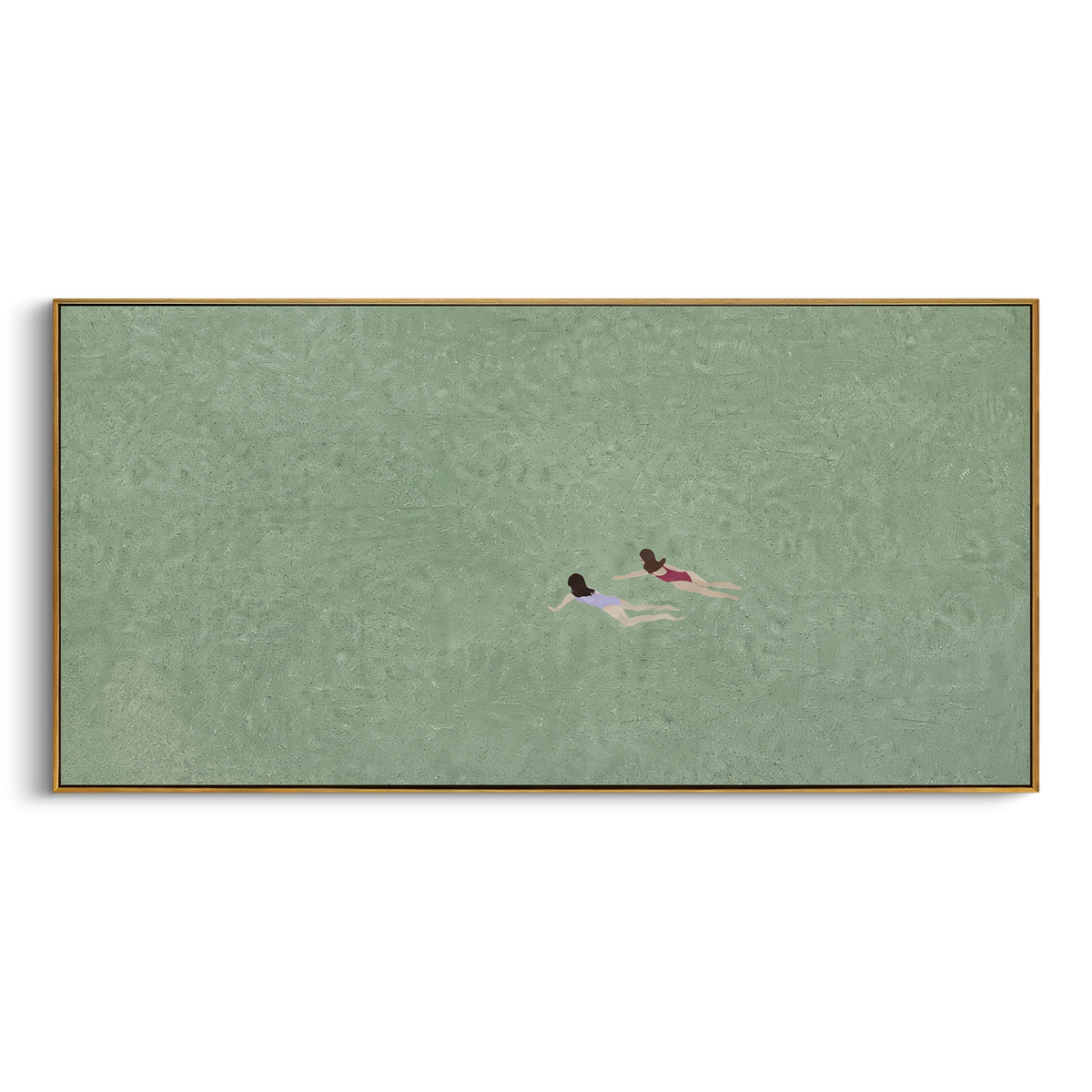Two Swimmers Sage Pool focuses on two small swimmers crossing an open sage green water surface, using the sage green family as the main atmosphere while keeping the subject and composition specific to the actual main image. The visible details are described from the artwork itself: the placement of the main forms, the surrounding negative space, the relationship between pale highlights and deeper green or dark accents, and the direction of the brushwork across the surface. Raised palette-knife