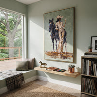 Horse Rider Sage Portrait focuses on a rider standing beside a dark horse on a soft sage ground, using the sage green family as the main atmosphere while keeping the subject and composition specific to the actual main image. The visible details are described from the artwork itself: the placement of the main forms, the surrounding negative space, the relationship between pale highlights and deeper green or dark accents, and the direction of the brushwork across the surface. Raised palette-knife