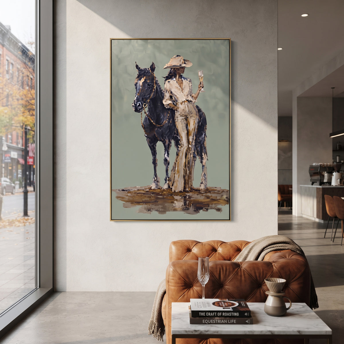 Horse Rider Sage Portrait focuses on a rider standing beside a dark horse on a soft sage ground, using the sage green family as the main atmosphere while keeping the subject and composition specific to the actual main image. The visible details are described from the artwork itself: the placement of the main forms, the surrounding negative space, the relationship between pale highlights and deeper green or dark accents, and the direction of the brushwork across the surface. Raised palette-knife