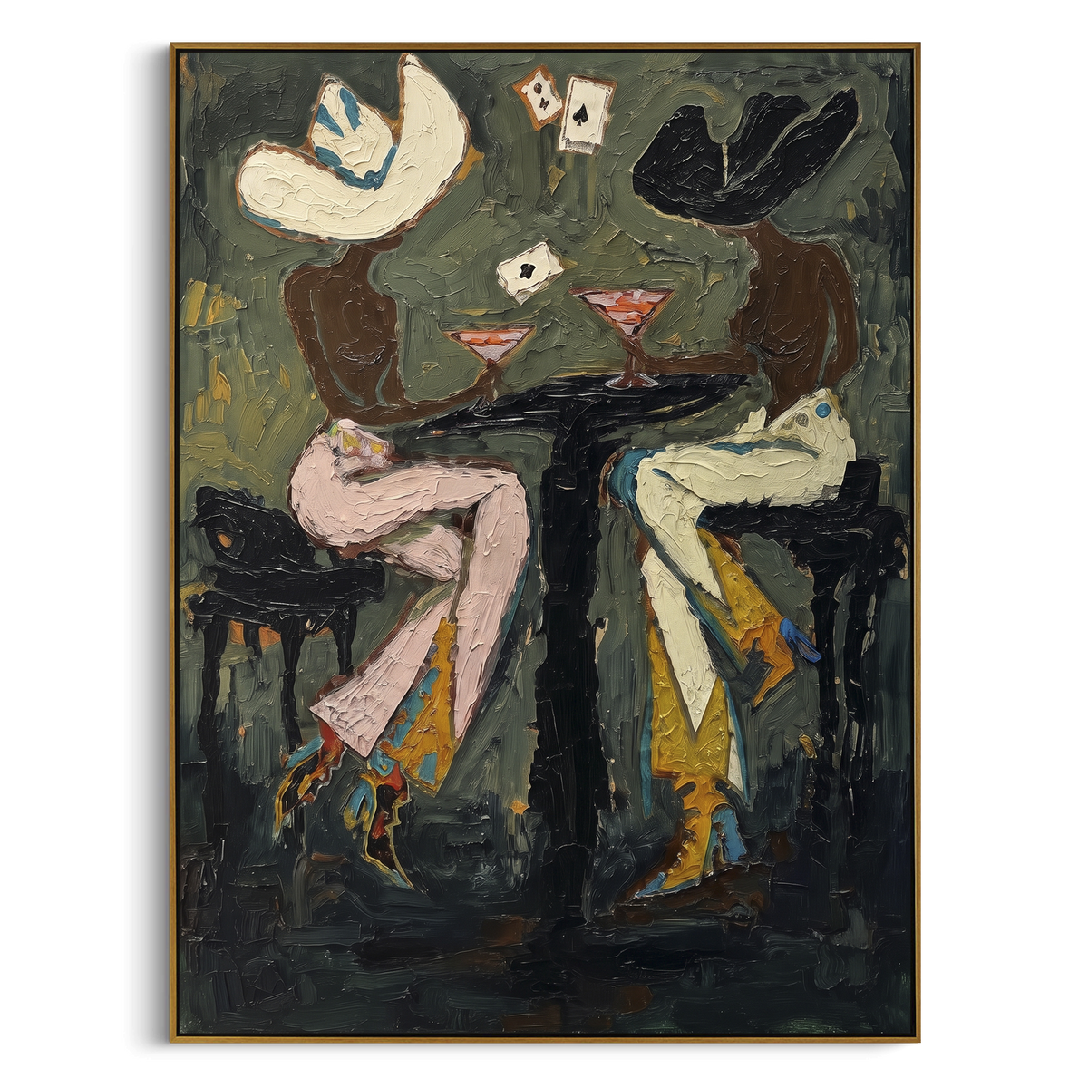 Dark Cafe Figures focuses on two expressive figures seated at a dark cafe table with white floral accents, using the sage green family as the main atmosphere while keeping the subject and composition specific to the actual main image. The visible details are described from the artwork itself: the placement of the main forms, the surrounding negative space, the relationship between pale highlights and deeper green or dark accents, and the direction of the brushwork across the surface. Raised