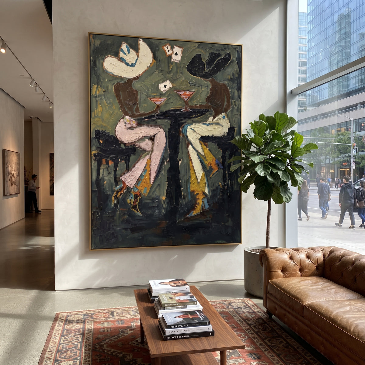 Dark Cafe Figures focuses on two expressive figures seated at a dark cafe table with white floral accents, using the sage green family as the main atmosphere while keeping the subject and composition specific to the actual main image. The visible details are described from the artwork itself: the placement of the main forms, the surrounding negative space, the relationship between pale highlights and deeper green or dark accents, and the direction of the brushwork across the surface. Raised