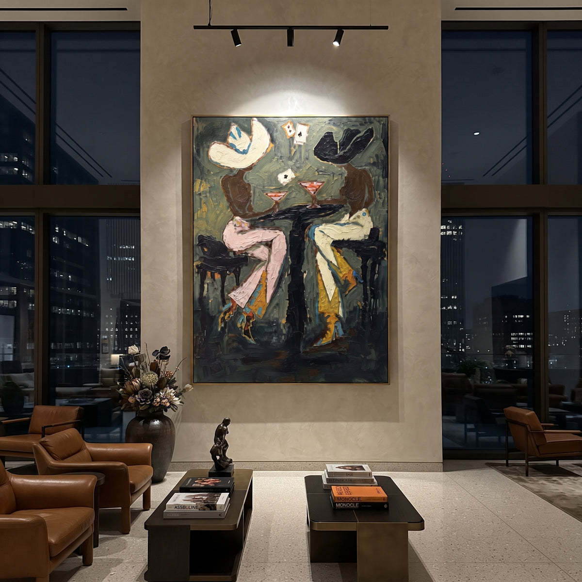 Dark Cafe Figures focuses on two expressive figures seated at a dark cafe table with white floral accents, using the sage green family as the main atmosphere while keeping the subject and composition specific to the actual main image. The visible details are described from the artwork itself: the placement of the main forms, the surrounding negative space, the relationship between pale highlights and deeper green or dark accents, and the direction of the brushwork across the surface. Raised