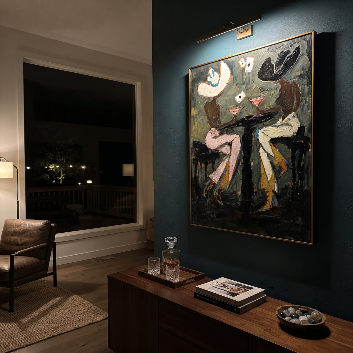Dark Cafe Figures focuses on two expressive figures seated at a dark cafe table with white floral accents, using the sage green family as the main atmosphere while keeping the subject and composition specific to the actual main image. The visible details are described from the artwork itself: the placement of the main forms, the surrounding negative space, the relationship between pale highlights and deeper green or dark accents, and the direction of the brushwork across the surface. Raised