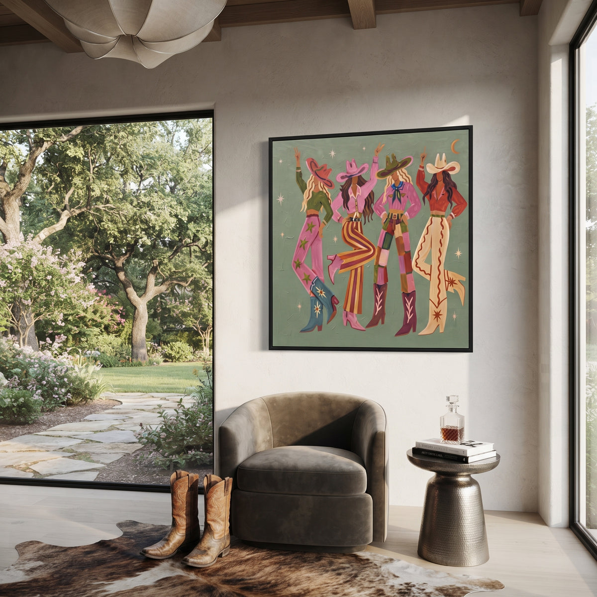 Colorful Cowgirl Group focuses on four colorful western women in hats standing on a muted sage ground, using the sage green family as the main atmosphere while keeping the subject and composition specific to the actual main image. The visible details are described from the artwork itself: the placement of the main forms, the surrounding negative space, the relationship between pale highlights and deeper green or dark accents, and the direction of the brushwork across the surface. Raised