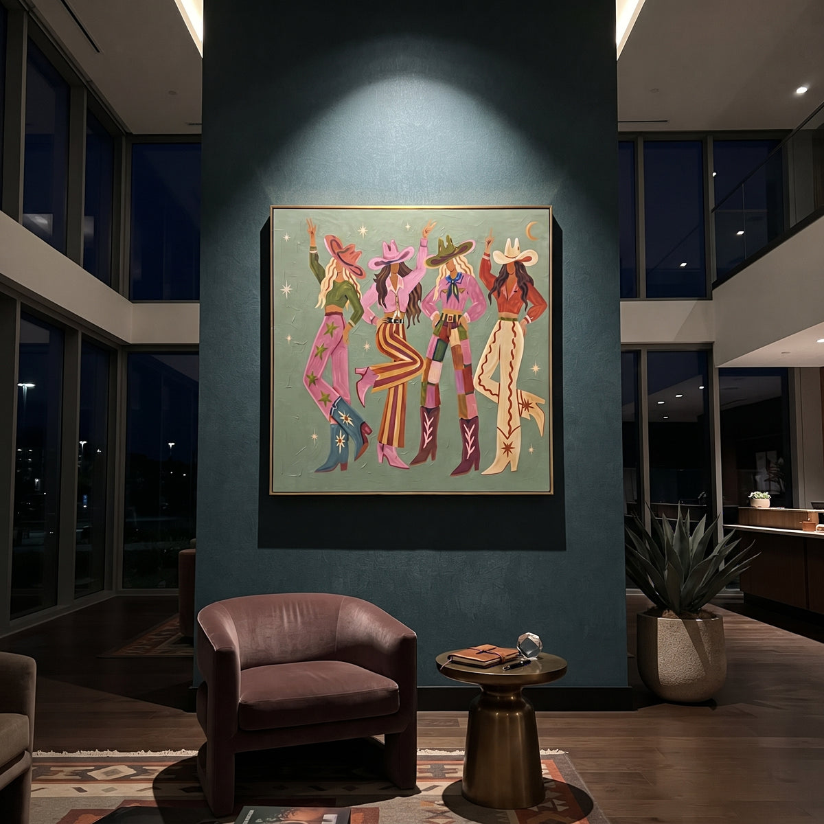 Colorful Cowgirl Group focuses on four colorful western women in hats standing on a muted sage ground, using the sage green family as the main atmosphere while keeping the subject and composition specific to the actual main image. The visible details are described from the artwork itself: the placement of the main forms, the surrounding negative space, the relationship between pale highlights and deeper green or dark accents, and the direction of the brushwork across the surface. Raised