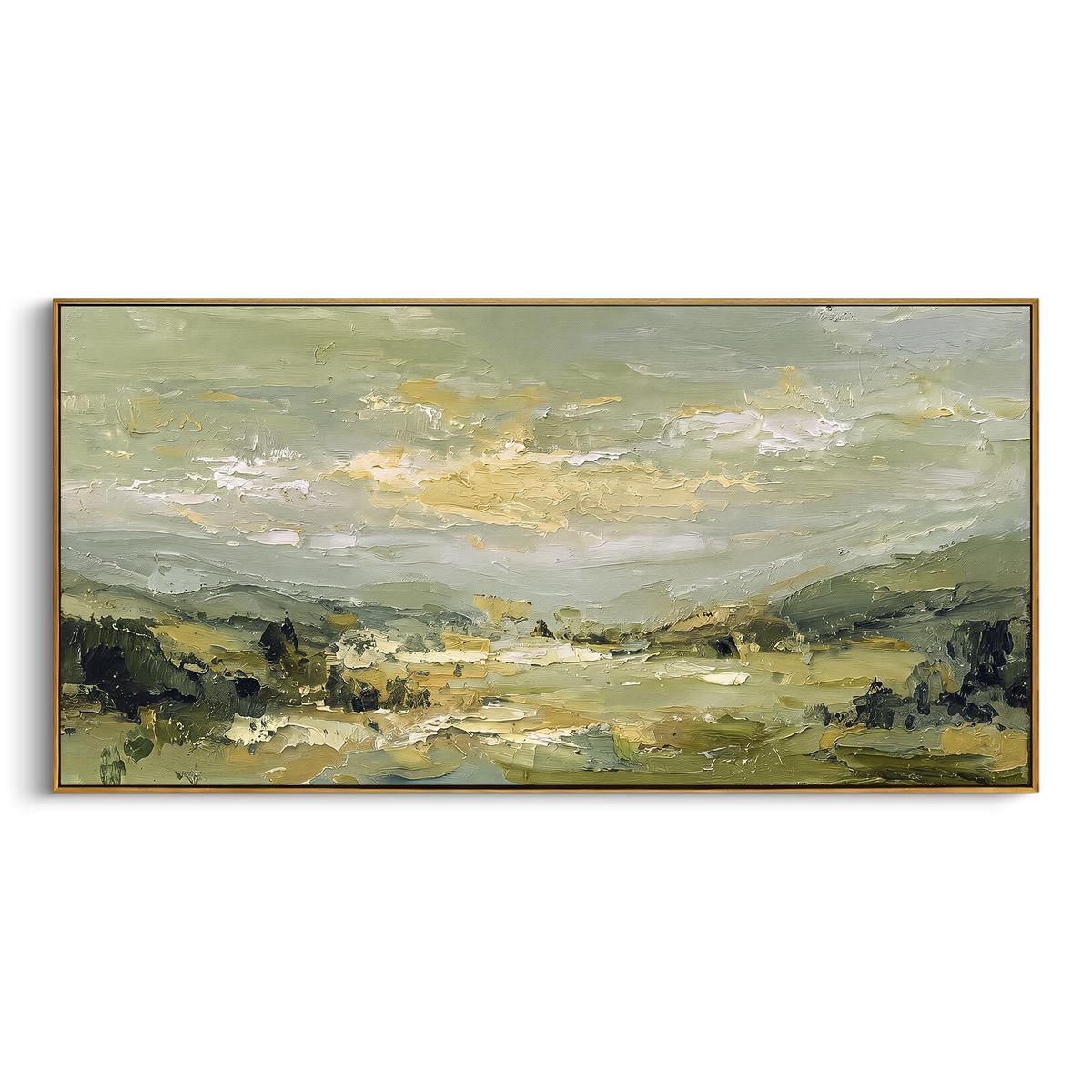 Sage Valley Field Landscape focuses on soft valley fields and cloudy sky painted in muted sage and cream tones, using the sage green family as the main atmosphere while keeping the subject and composition specific to the actual main image. The visible details are described from the artwork itself: the placement of the main forms, the surrounding negative space, the relationship between pale highlights and deeper green or dark accents, and the direction of the brushwork across the surface. Raised