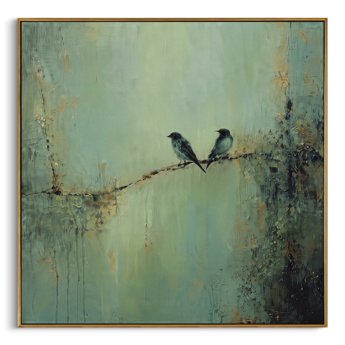 Two Birds Sage Branch focuses on two small birds sitting together on a fine branch over a weathered sage wall, using the sage green family as the main atmosphere while keeping the subject and composition specific to the actual main image. The visible details are described from the artwork itself: the placement of the main forms, the surrounding negative space, the relationship between pale highlights and deeper green or dark accents, and the direction of the brushwork across the surface. Raised