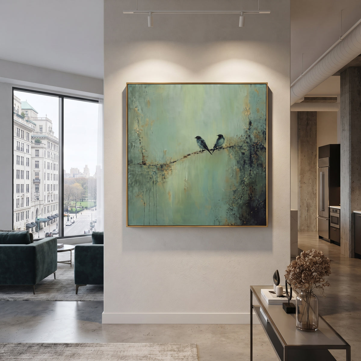 Two Birds Sage Branch focuses on two small birds sitting together on a fine branch over a weathered sage wall, using the sage green family as the main atmosphere while keeping the subject and composition specific to the actual main image. The visible details are described from the artwork itself: the placement of the main forms, the surrounding negative space, the relationship between pale highlights and deeper green or dark accents, and the direction of the brushwork across the surface. Raised