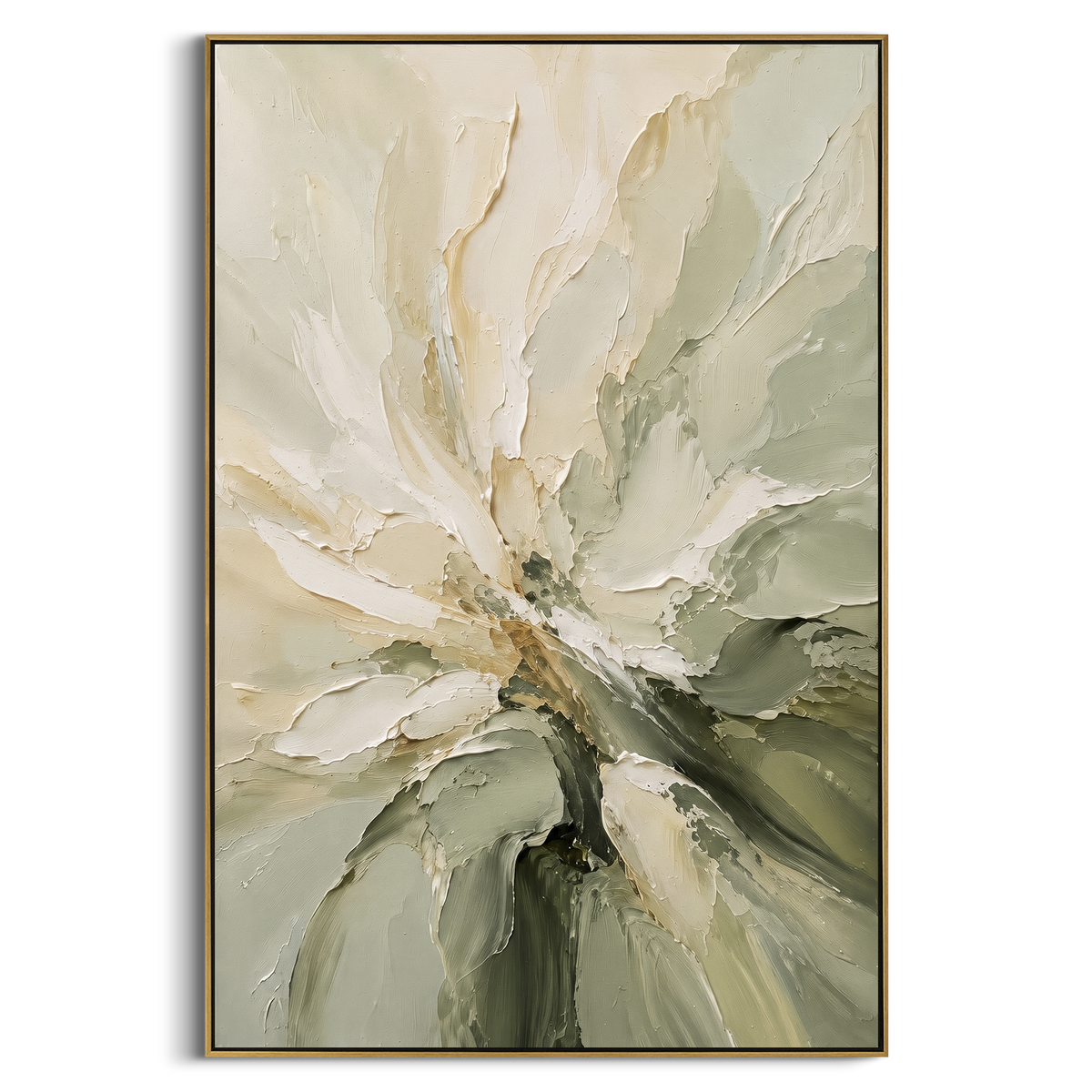 White Flower Sage Petals focuses on white flower petals opening across a sage and olive textured ground, using the sage green family as the main atmosphere while keeping the subject and composition specific to the actual main image. The visible details are described from the artwork itself: the placement of the main forms, the surrounding negative space, the relationship between pale highlights and deeper green or dark accents, and the direction of the brushwork across the surface. Raised