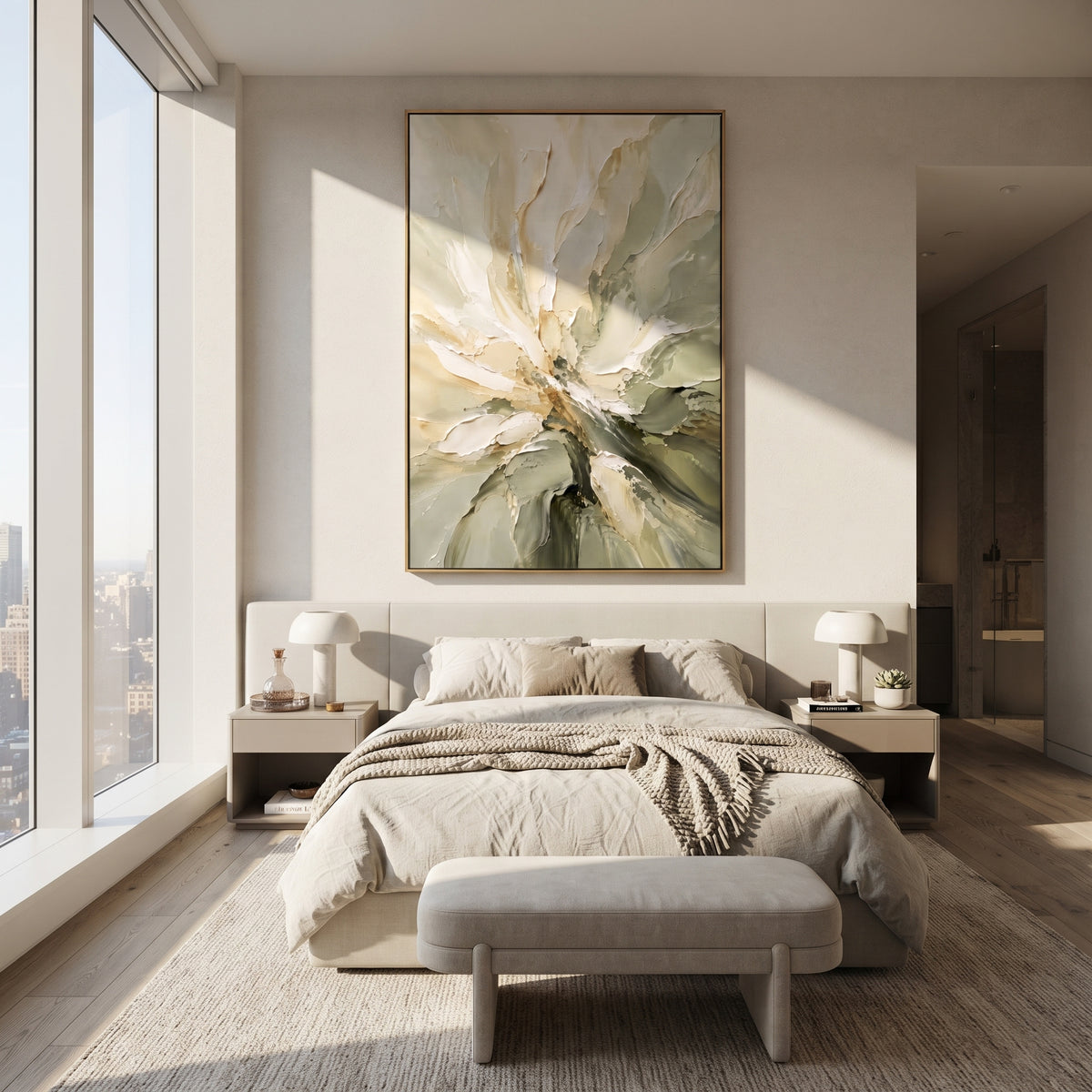 White Flower Sage Petals focuses on white flower petals opening across a sage and olive textured ground, using the sage green family as the main atmosphere while keeping the subject and composition specific to the actual main image. The visible details are described from the artwork itself: the placement of the main forms, the surrounding negative space, the relationship between pale highlights and deeper green or dark accents, and the direction of the brushwork across the surface. Raised