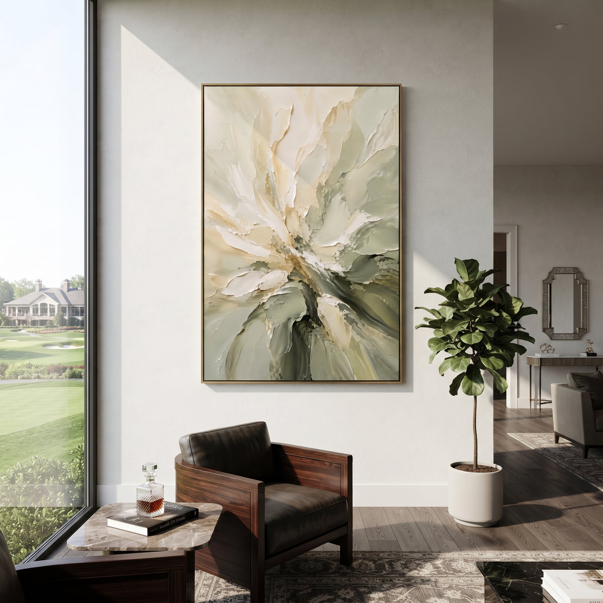 White Flower Sage Petals focuses on white flower petals opening across a sage and olive textured ground, using the sage green family as the main atmosphere while keeping the subject and composition specific to the actual main image. The visible details are described from the artwork itself: the placement of the main forms, the surrounding negative space, the relationship between pale highlights and deeper green or dark accents, and the direction of the brushwork across the surface. Raised