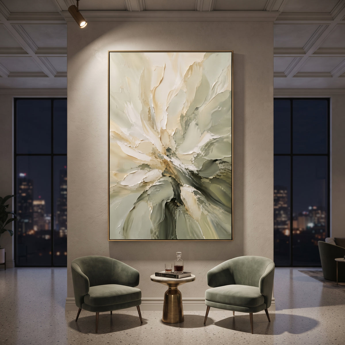White Flower Sage Petals focuses on white flower petals opening across a sage and olive textured ground, using the sage green family as the main atmosphere while keeping the subject and composition specific to the actual main image. The visible details are described from the artwork itself: the placement of the main forms, the surrounding negative space, the relationship between pale highlights and deeper green or dark accents, and the direction of the brushwork across the surface. Raised