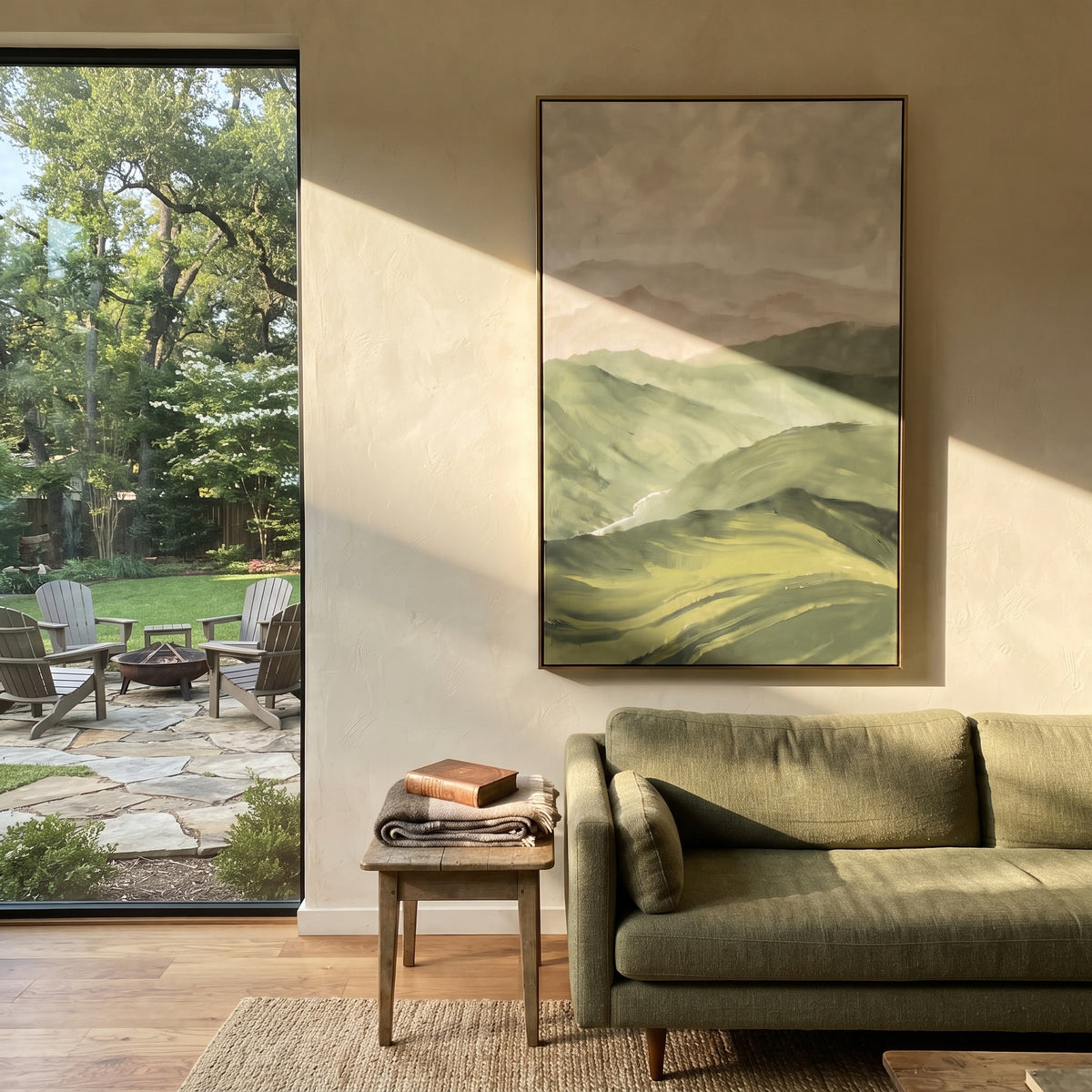 Layered Sage Mountain Landscape focuses on misty layered mountain ridges fading through sage green and pale sky, using the sage green family as the main atmosphere while keeping the subject and composition specific to the actual main image. The visible details are described from the artwork itself: the placement of the main forms, the surrounding negative space, the relationship between pale highlights and deeper green or dark accents, and the direction of the brushwork across the surface.