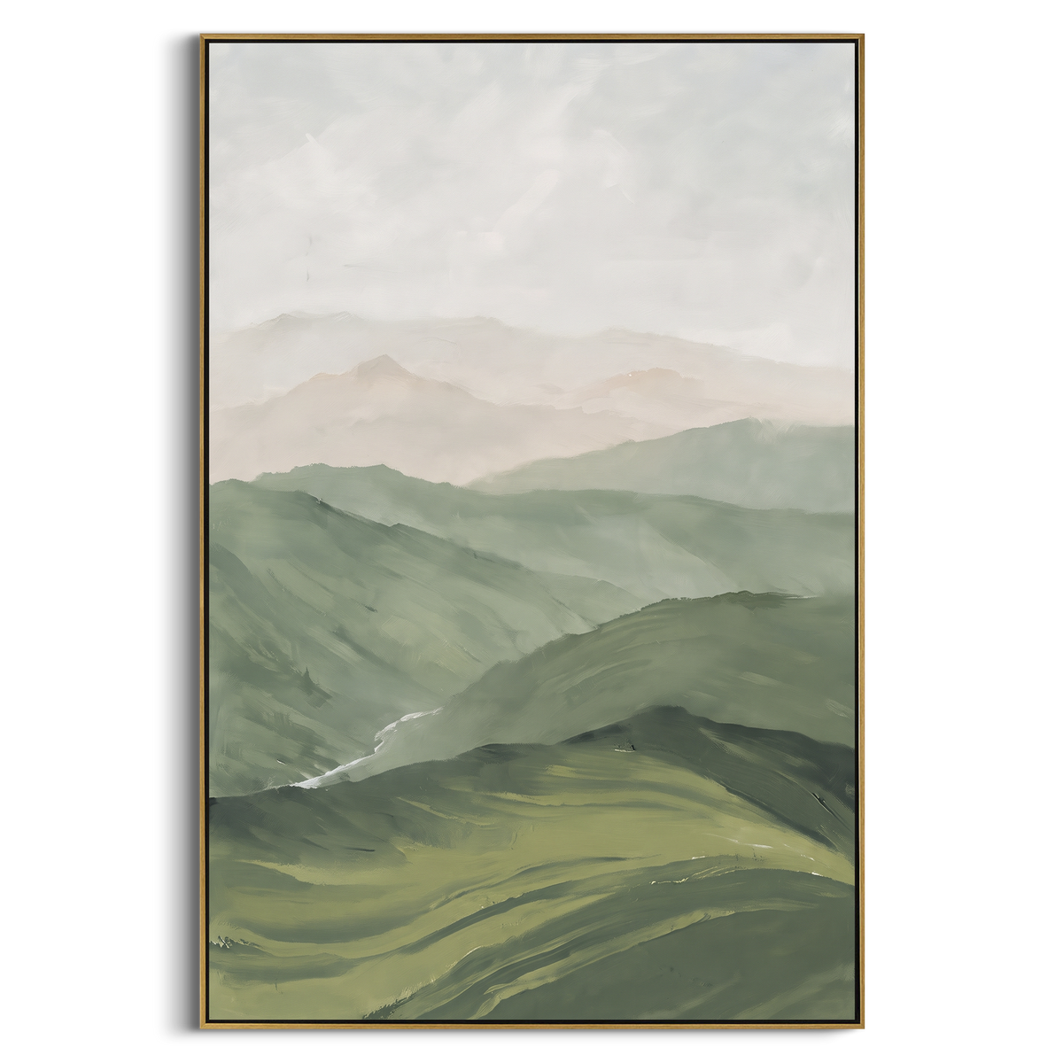 Layered Sage Mountain Landscape focuses on misty layered mountain ridges fading through sage green and pale sky, using the sage green family as the main atmosphere while keeping the subject and composition specific to the actual main image. The visible details are described from the artwork itself: the placement of the main forms, the surrounding negative space, the relationship between pale highlights and deeper green or dark accents, and the direction of the brushwork across the surface.