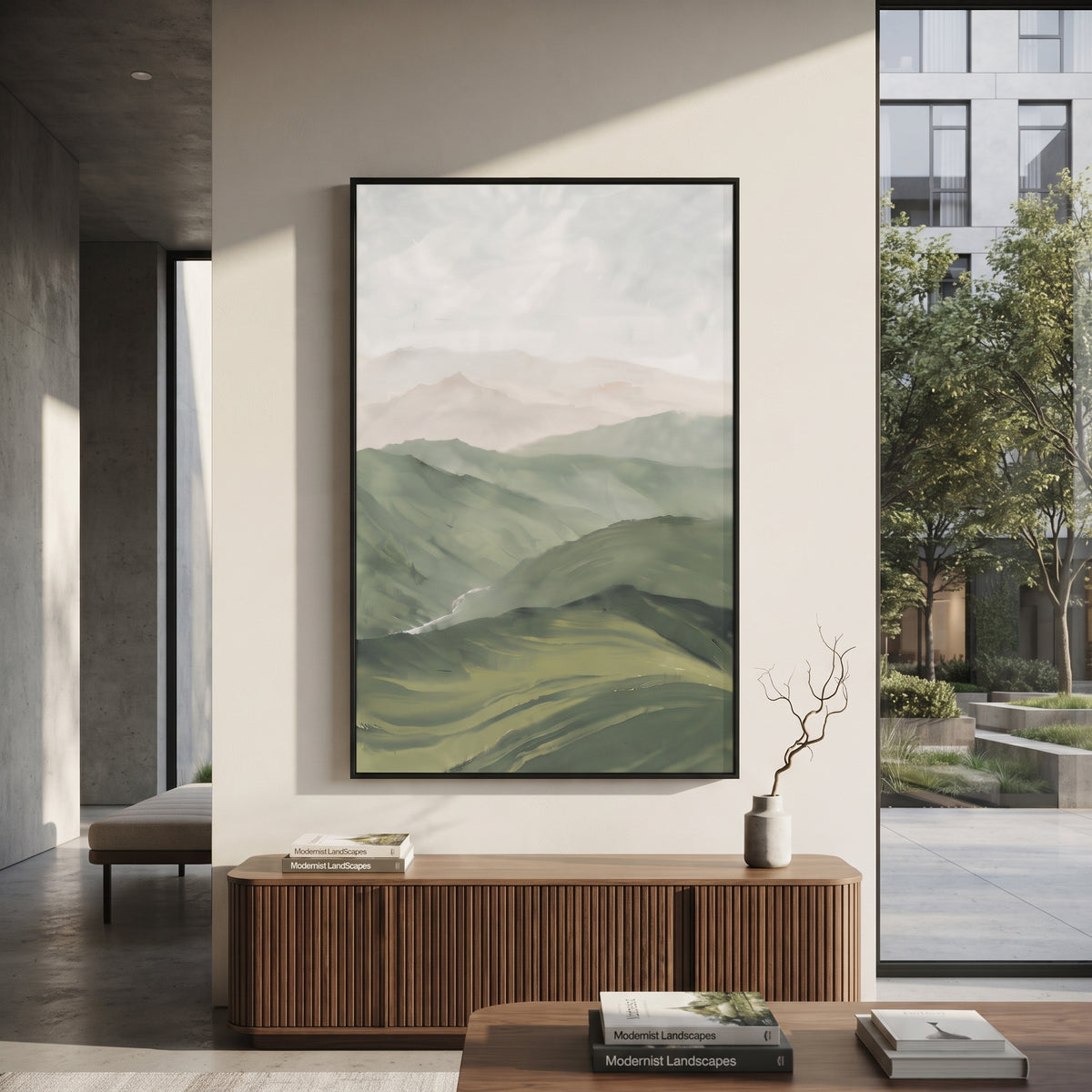 Layered Sage Mountain Landscape focuses on misty layered mountain ridges fading through sage green and pale sky, using the sage green family as the main atmosphere while keeping the subject and composition specific to the actual main image. The visible details are described from the artwork itself: the placement of the main forms, the surrounding negative space, the relationship between pale highlights and deeper green or dark accents, and the direction of the brushwork across the surface.
