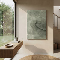 Sage Coastal Texture Relief focuses on sage coastal bands and foamy white edge texture moving down the canvas, using the sage green family as the main atmosphere while keeping the subject and composition specific to the actual main image. The visible details are described from the artwork itself: the placement of the main forms, the surrounding negative space, the relationship between pale highlights and deeper green or dark accents, and the direction of the brushwork across the surface. Raised
