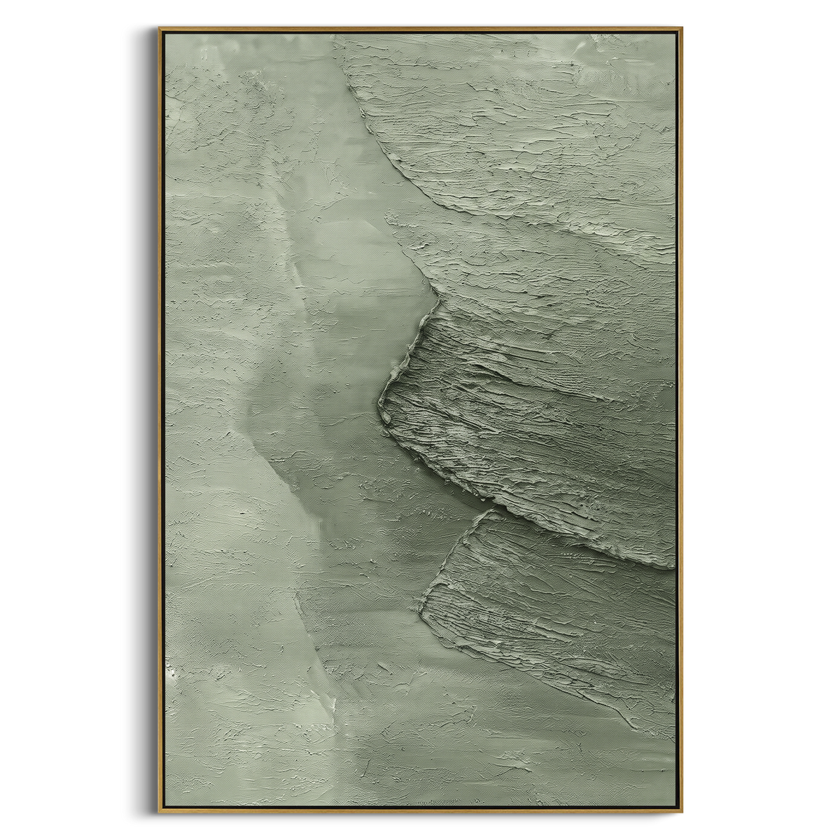 Sage Coastal Texture Relief focuses on sage coastal bands and foamy white edge texture moving down the canvas, using the sage green family as the main atmosphere while keeping the subject and composition specific to the actual main image. The visible details are described from the artwork itself: the placement of the main forms, the surrounding negative space, the relationship between pale highlights and deeper green or dark accents, and the direction of the brushwork across the surface. Raised