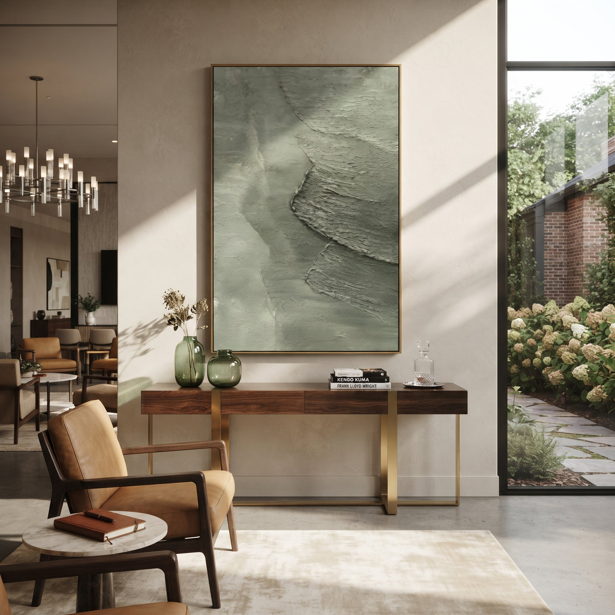 Sage Coastal Texture Relief focuses on sage coastal bands and foamy white edge texture moving down the canvas, using the sage green family as the main atmosphere while keeping the subject and composition specific to the actual main image. The visible details are described from the artwork itself: the placement of the main forms, the surrounding negative space, the relationship between pale highlights and deeper green or dark accents, and the direction of the brushwork across the surface. Raised