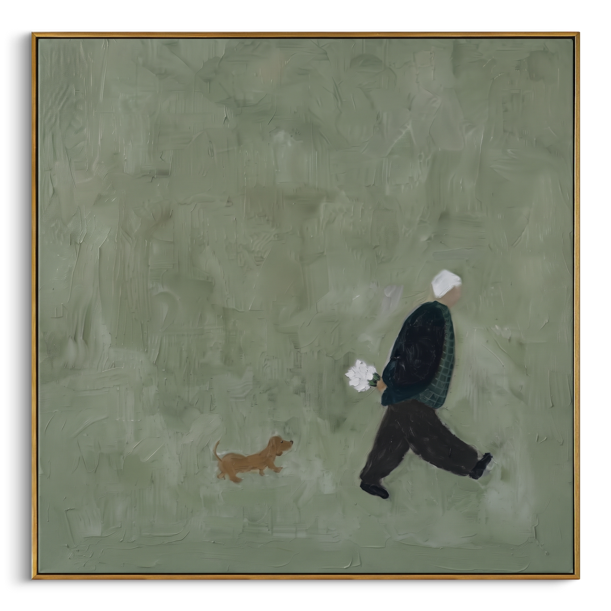 Walking Man With Small Dog focuses on a walking figure and small brown dog crossing a quiet sage green space, using the sage green family as the main atmosphere while keeping the subject and composition specific to the actual main image. The visible details are described from the artwork itself: the placement of the main forms, the surrounding negative space, the relationship between pale highlights and deeper green or dark accents, and the direction of the brushwork across the surface. Raised