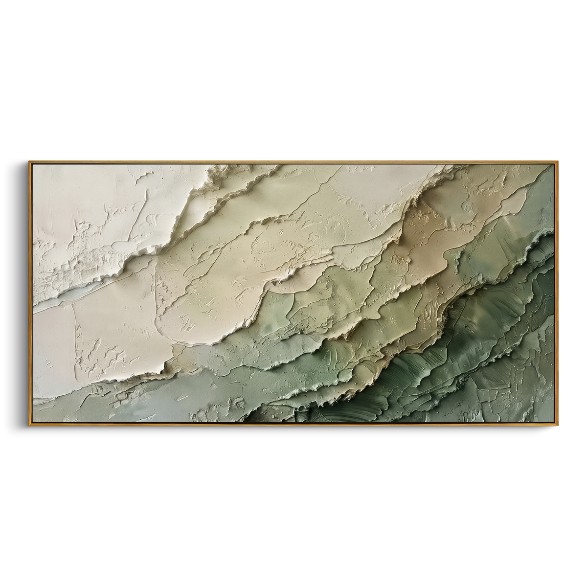 Sage Layered Terrain Relief focuses on stacked sage, cream, and deep green terrain bands with raised plaster edges, using the sage green family as the main atmosphere while keeping the subject and composition specific to the actual main image. The visible details are described from the artwork itself: the placement of the main forms, the surrounding negative space, the relationship between pale highlights and deeper green or dark accents, and the direction of the brushwork across the surface.