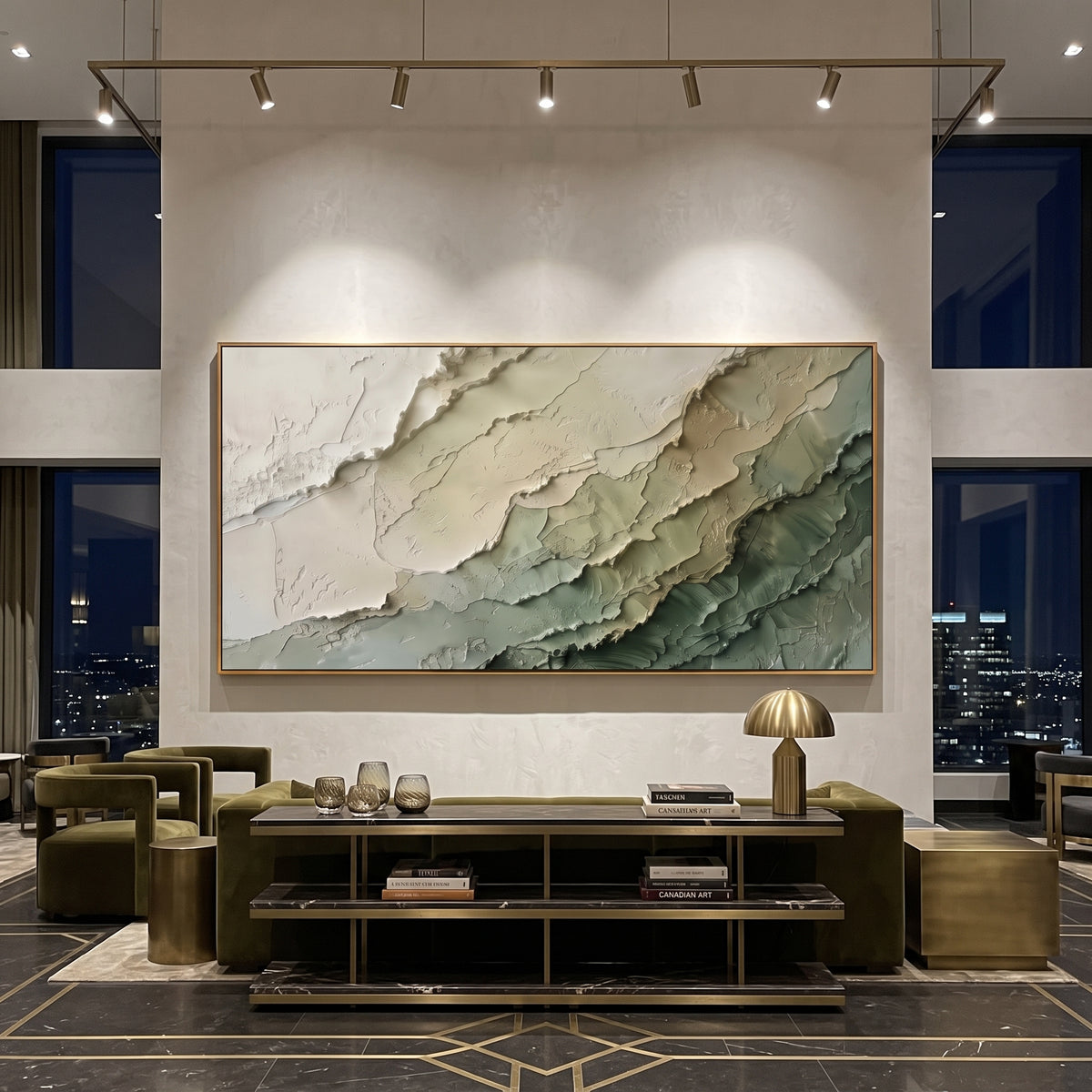 Sage Layered Terrain Relief focuses on stacked sage, cream, and deep green terrain bands with raised plaster edges, using the sage green family as the main atmosphere while keeping the subject and composition specific to the actual main image. The visible details are described from the artwork itself: the placement of the main forms, the surrounding negative space, the relationship between pale highlights and deeper green or dark accents, and the direction of the brushwork across the surface.