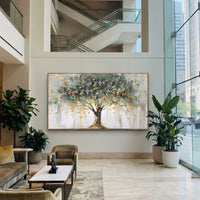 Blue Green Tree Landscape focuses on a blue green tree with yellow light and loose falling marks over a pale ground, using the sage green family as the main atmosphere while keeping the subject and composition specific to the actual main image. The visible details are described from the artwork itself: the placement of the main forms, the surrounding negative space, the relationship between pale highlights and deeper green or dark accents, and the direction of the brushwork across the surface.