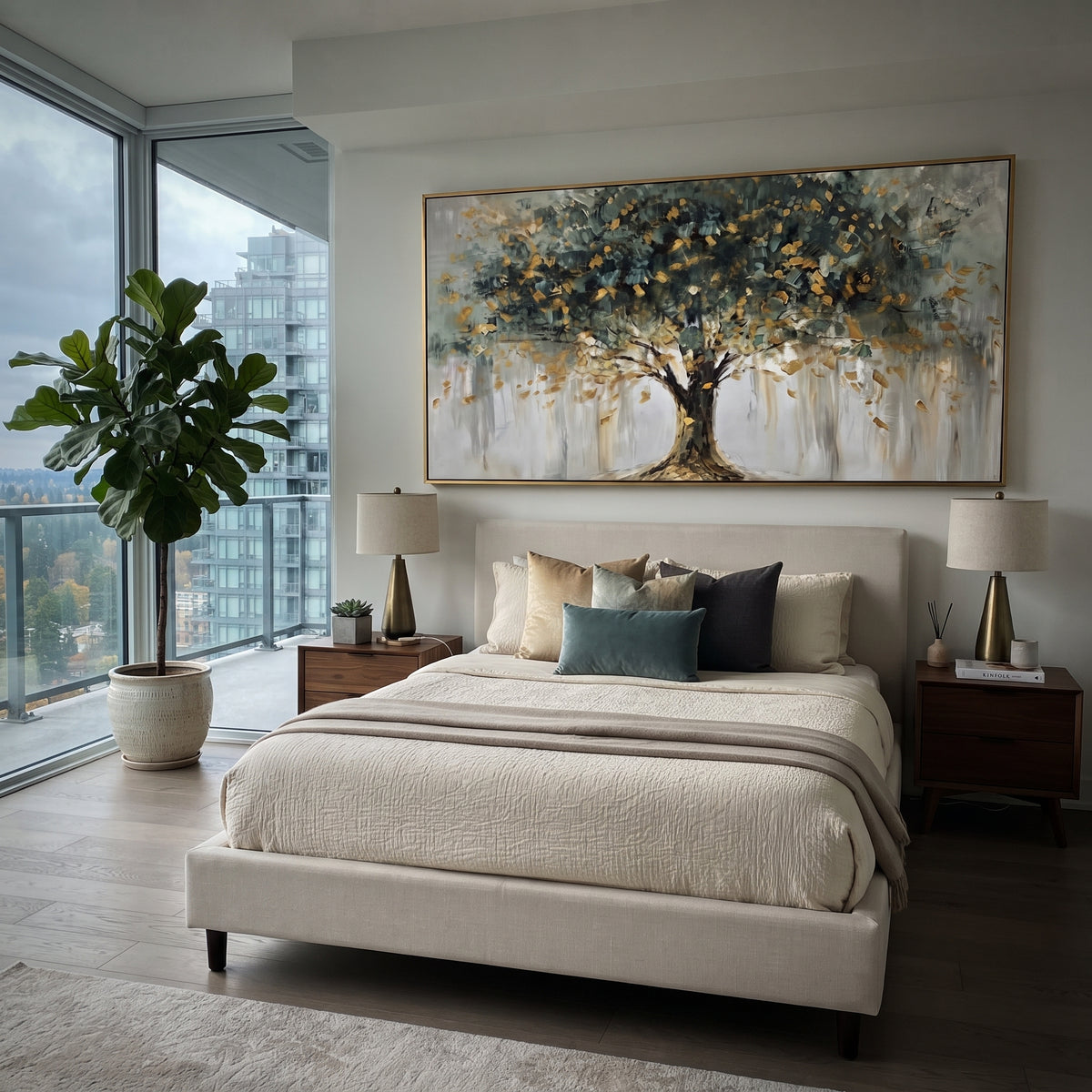 Blue Green Tree Landscape focuses on a blue green tree with yellow light and loose falling marks over a pale ground, using the sage green family as the main atmosphere while keeping the subject and composition specific to the actual main image. The visible details are described from the artwork itself: the placement of the main forms, the surrounding negative space, the relationship between pale highlights and deeper green or dark accents, and the direction of the brushwork across the surface.