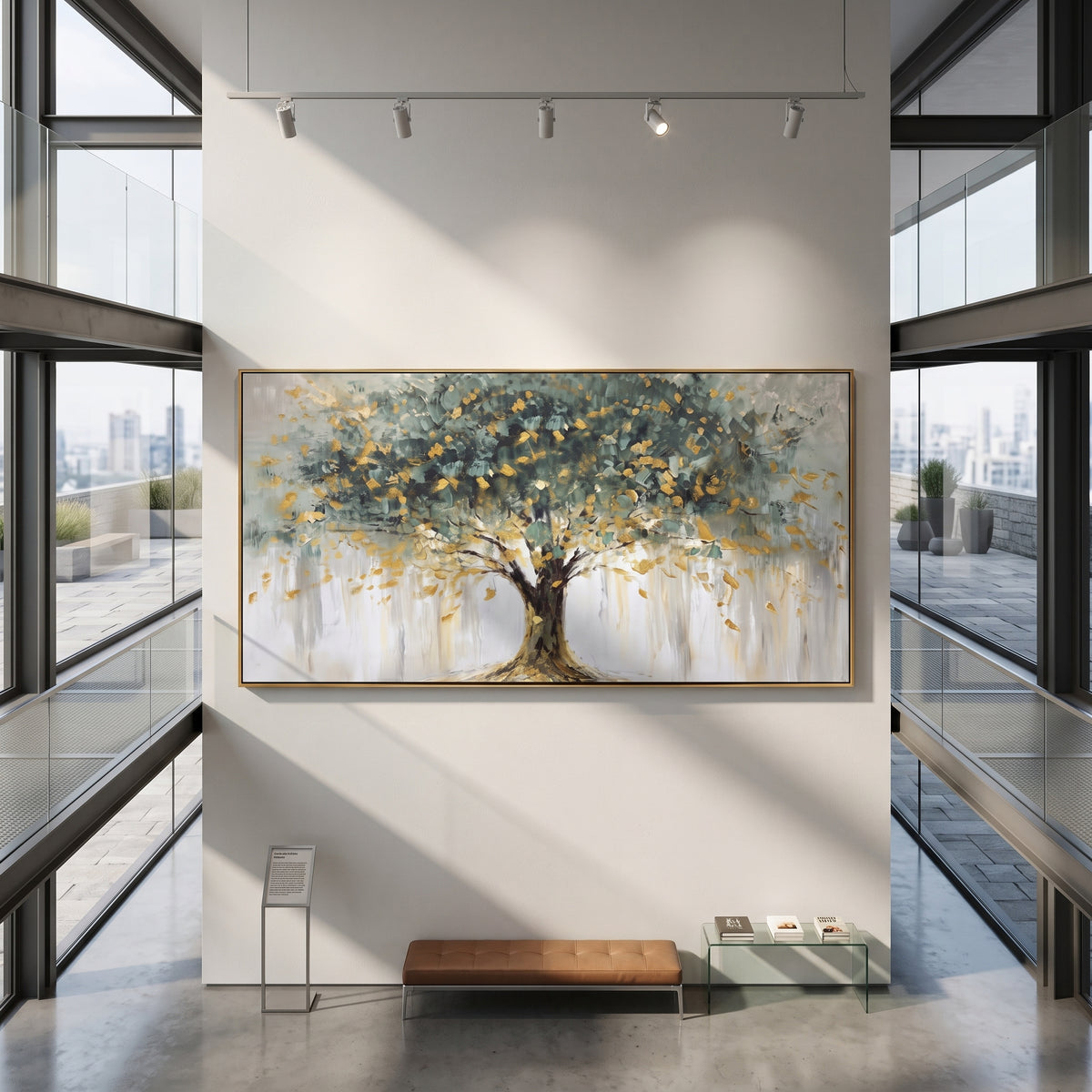 Blue Green Tree Landscape focuses on a blue green tree with yellow light and loose falling marks over a pale ground, using the sage green family as the main atmosphere while keeping the subject and composition specific to the actual main image. The visible details are described from the artwork itself: the placement of the main forms, the surrounding negative space, the relationship between pale highlights and deeper green or dark accents, and the direction of the brushwork across the surface.