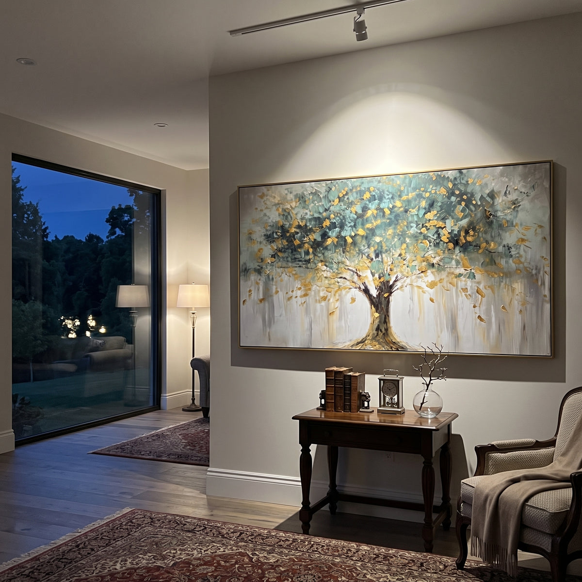 Blue Green Tree Landscape focuses on a blue green tree with yellow light and loose falling marks over a pale ground, using the sage green family as the main atmosphere while keeping the subject and composition specific to the actual main image. The visible details are described from the artwork itself: the placement of the main forms, the surrounding negative space, the relationship between pale highlights and deeper green or dark accents, and the direction of the brushwork across the surface.