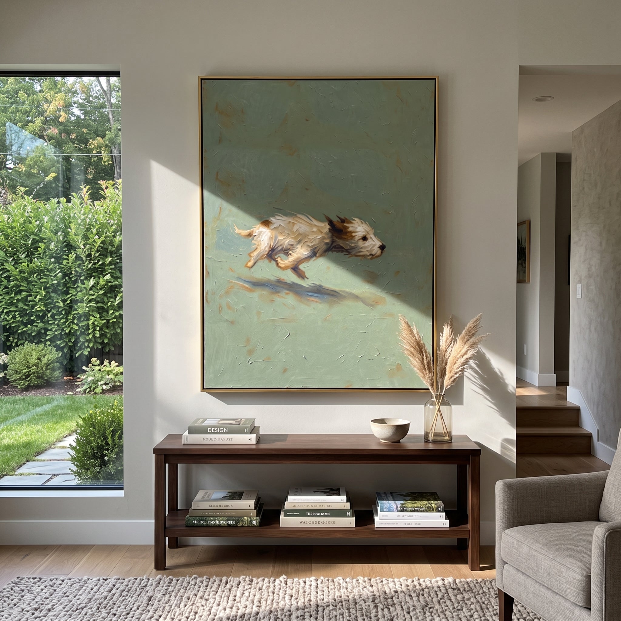 Running Dog Sage Field focuses on a light dog running across a sage green field with soft shadow underneath, using the sage green family as the main atmosphere while keeping the subject and composition specific to the actual main image. The visible details are described from the artwork itself: the placement of the main forms, the surrounding negative space, the relationship between pale highlights and deeper green or dark accents, and the direction of the brushwork across the surface. Raised