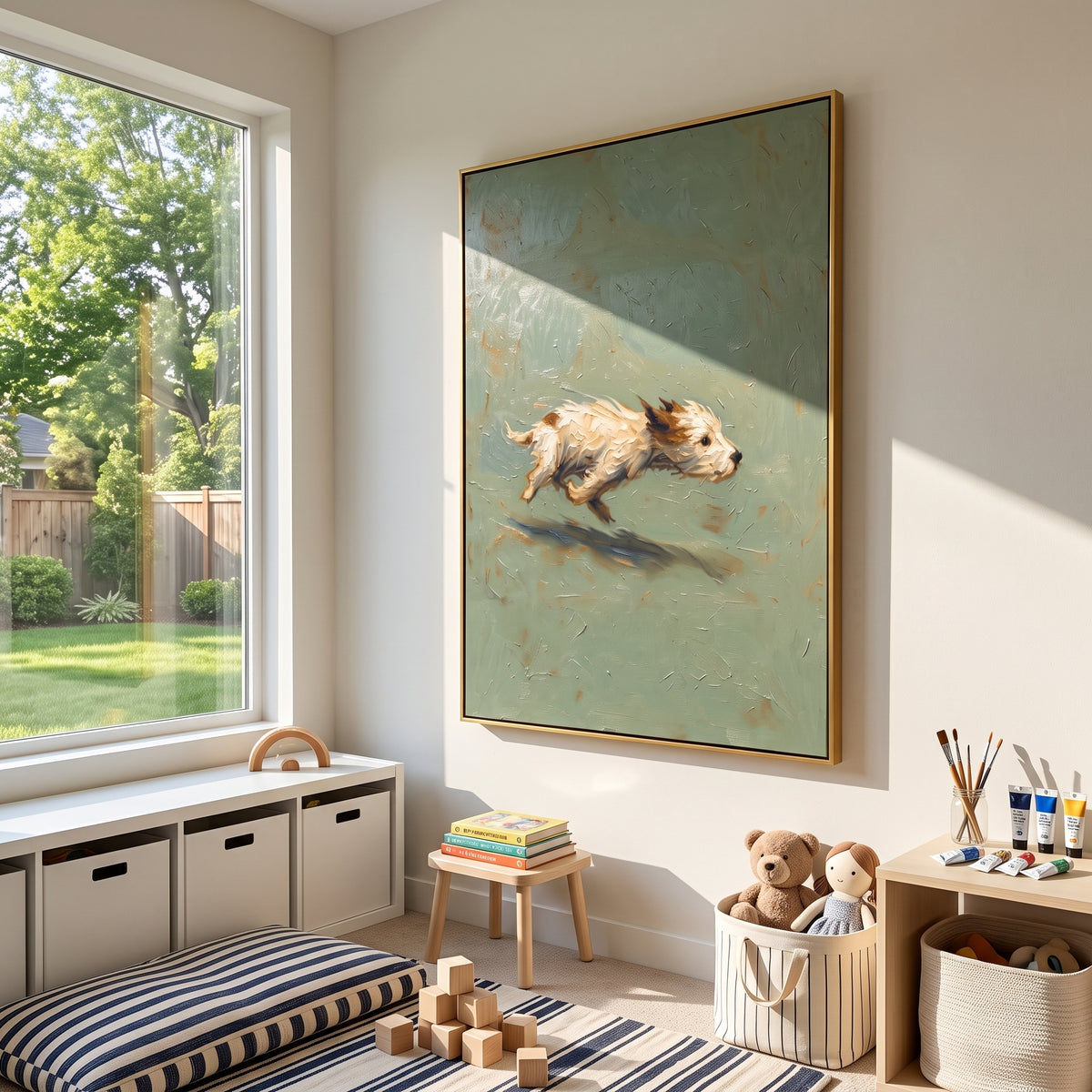 Running Dog Sage Field focuses on a light dog running across a sage green field with soft shadow underneath, using the sage green family as the main atmosphere while keeping the subject and composition specific to the actual main image. The visible details are described from the artwork itself: the placement of the main forms, the surrounding negative space, the relationship between pale highlights and deeper green or dark accents, and the direction of the brushwork across the surface. Raised