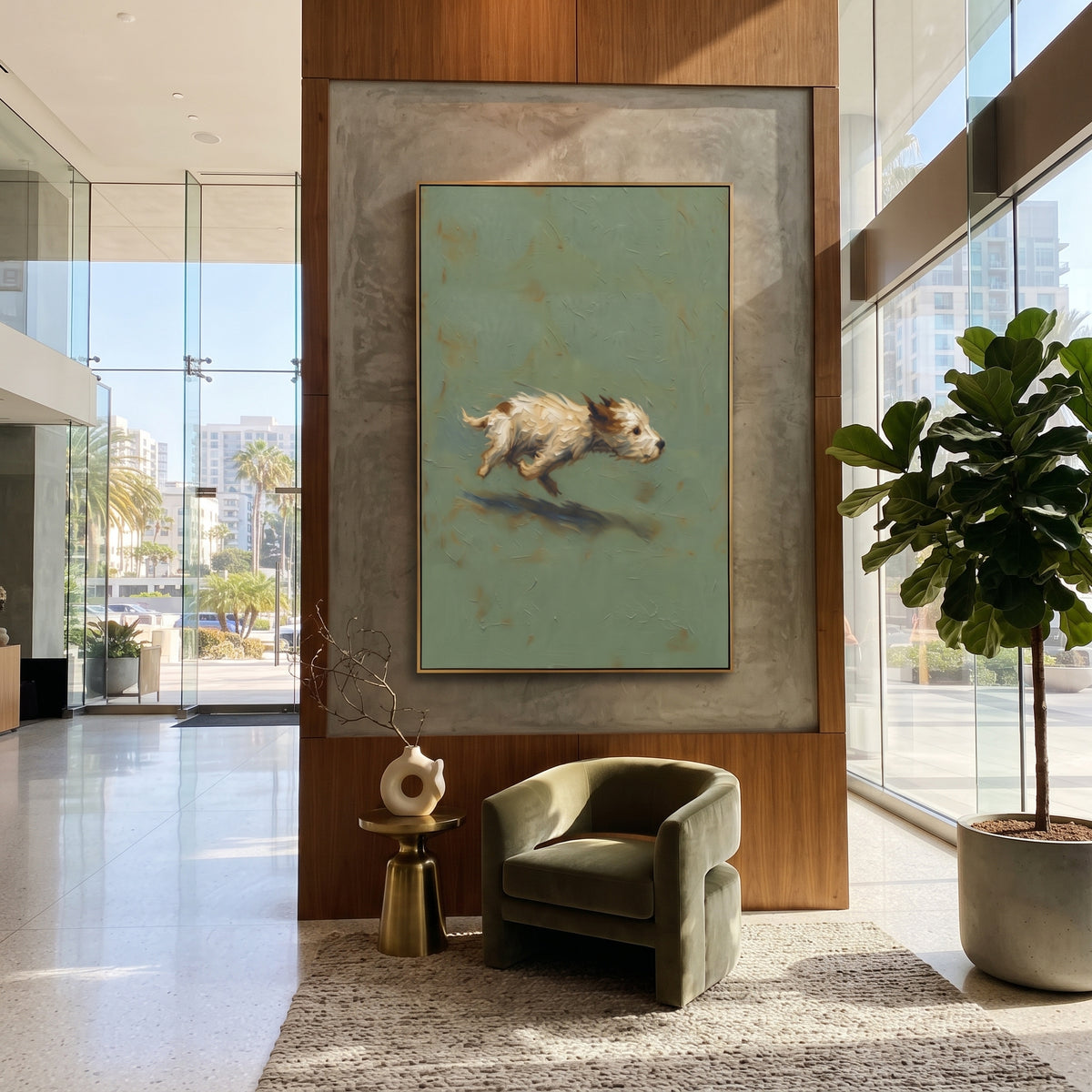 Running Dog Sage Field focuses on a light dog running across a sage green field with soft shadow underneath, using the sage green family as the main atmosphere while keeping the subject and composition specific to the actual main image. The visible details are described from the artwork itself: the placement of the main forms, the surrounding negative space, the relationship between pale highlights and deeper green or dark accents, and the direction of the brushwork across the surface. Raised