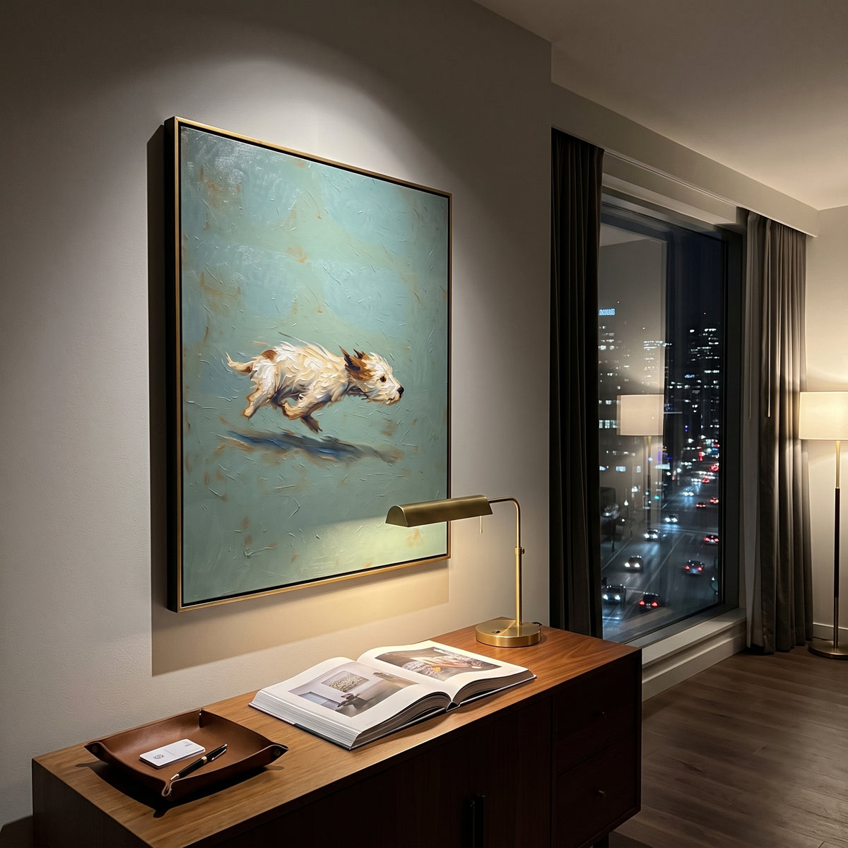 Running Dog Sage Field focuses on a light dog running across a sage green field with soft shadow underneath, using the sage green family as the main atmosphere while keeping the subject and composition specific to the actual main image. The visible details are described from the artwork itself: the placement of the main forms, the surrounding negative space, the relationship between pale highlights and deeper green or dark accents, and the direction of the brushwork across the surface. Raised