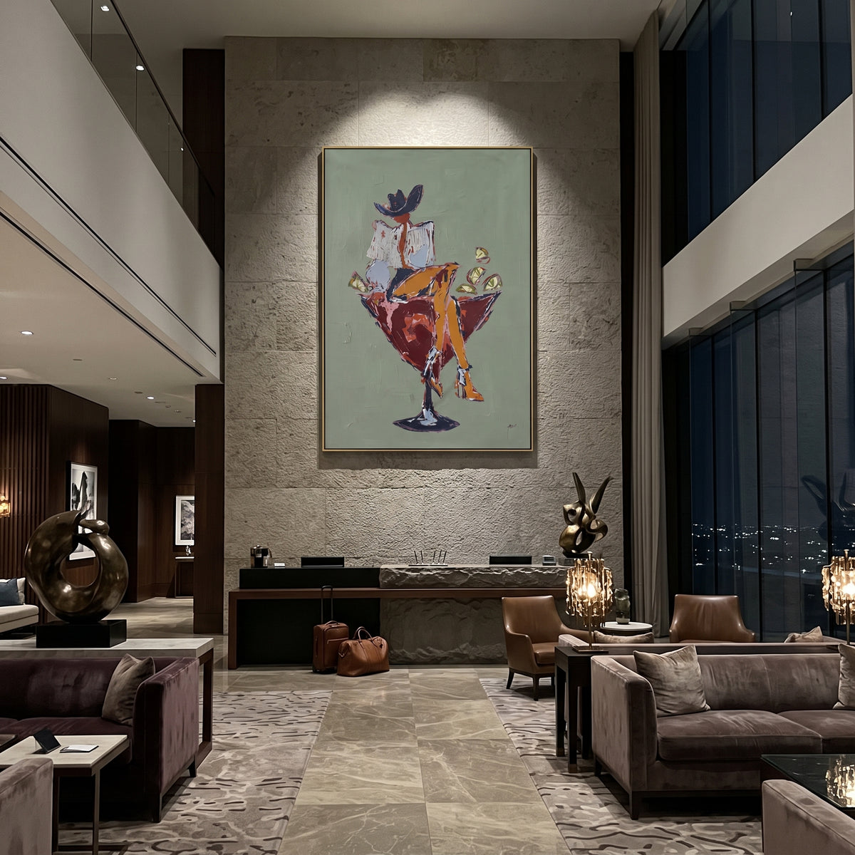 Cowboy Martini Chair focuses on a western figure sitting in a martini-shaped chair with bold red and gold accents, using the sage green family as the main atmosphere while keeping the subject and composition specific to the actual main image. The visible details are described from the artwork itself: the placement of the main forms, the surrounding negative space, the relationship between pale highlights and deeper green or dark accents, and the direction of the brushwork across the surface.