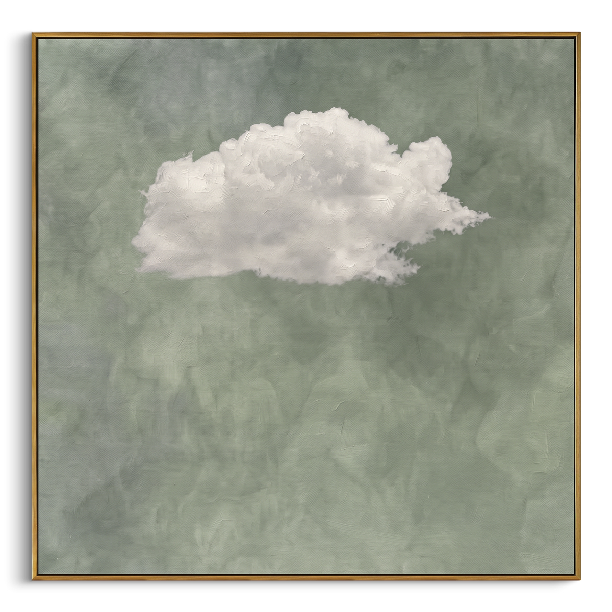 Floating White Cloud Sage focuses on a single white cloud floating over a muted sage green textured field, using the sage green family as the main atmosphere while keeping the subject and composition specific to the actual main image. The visible details are described from the artwork itself: the placement of the main forms, the surrounding negative space, the relationship between pale highlights and deeper green or dark accents, and the direction of the brushwork across the surface. Raised