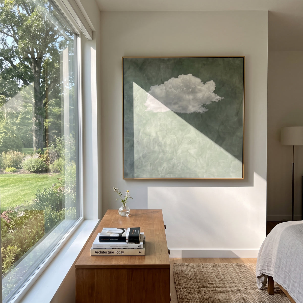 Floating White Cloud Sage focuses on a single white cloud floating over a muted sage green textured field, using the sage green family as the main atmosphere while keeping the subject and composition specific to the actual main image. The visible details are described from the artwork itself: the placement of the main forms, the surrounding negative space, the relationship between pale highlights and deeper green or dark accents, and the direction of the brushwork across the surface. Raised