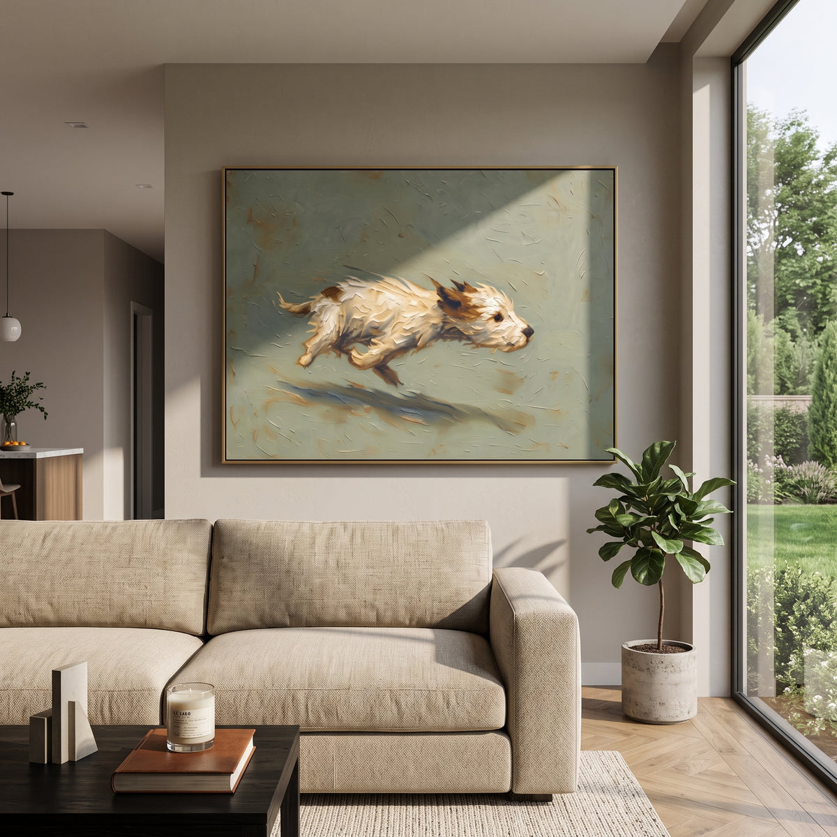 Running Terrier Sage Field focuses on a small light terrier running across a horizontal sage field with dark shadow, using the sage green family as the main atmosphere while keeping the subject and composition specific to the actual main image. The visible details are described from the artwork itself: the placement of the main forms, the surrounding negative space, the relationship between pale highlights and deeper green or dark accents, and the direction of the brushwork across the surface.