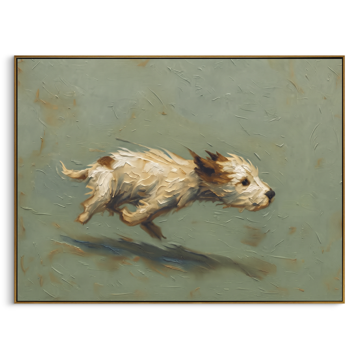 Running Terrier Sage Field focuses on a small light terrier running across a horizontal sage field with dark shadow, using the sage green family as the main atmosphere while keeping the subject and composition specific to the actual main image. The visible details are described from the artwork itself: the placement of the main forms, the surrounding negative space, the relationship between pale highlights and deeper green or dark accents, and the direction of the brushwork across the surface.