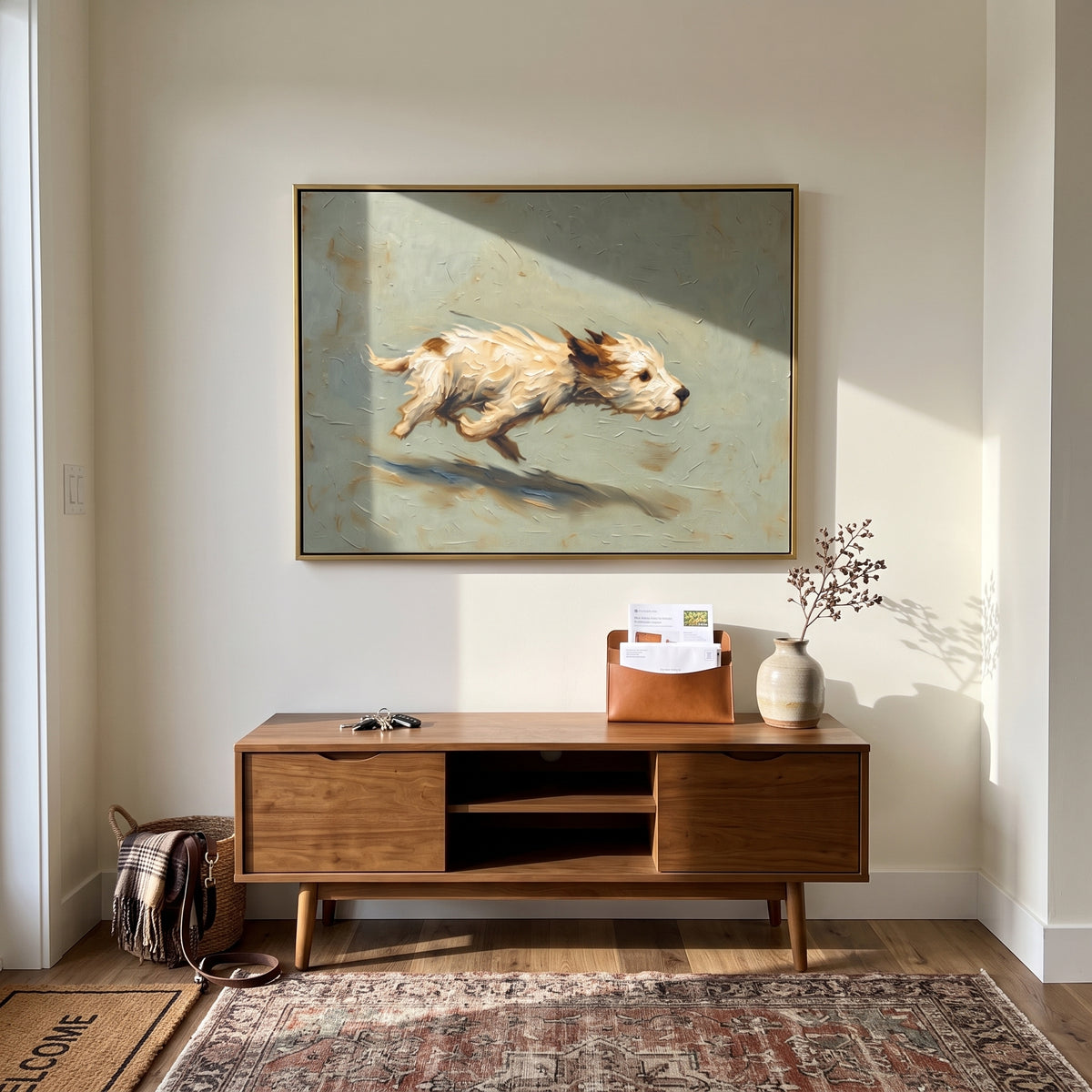 Running Terrier Sage Field focuses on a small light terrier running across a horizontal sage field with dark shadow, using the sage green family as the main atmosphere while keeping the subject and composition specific to the actual main image. The visible details are described from the artwork itself: the placement of the main forms, the surrounding negative space, the relationship between pale highlights and deeper green or dark accents, and the direction of the brushwork across the surface.