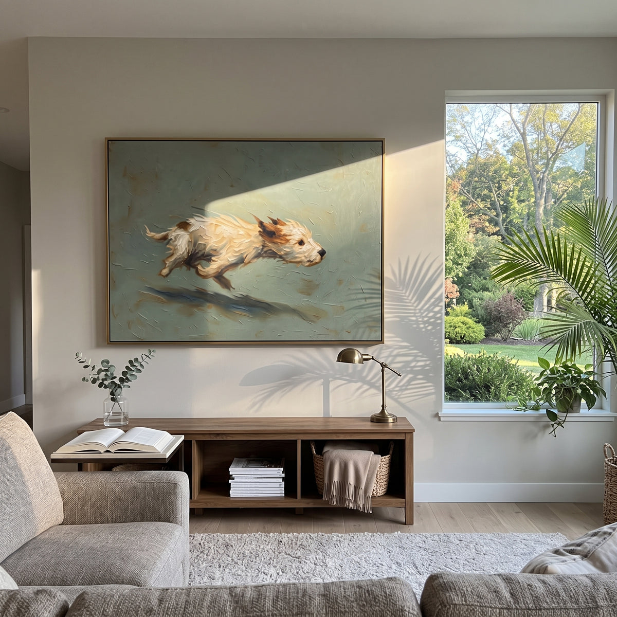 Running Terrier Sage Field focuses on a small light terrier running across a horizontal sage field with dark shadow, using the sage green family as the main atmosphere while keeping the subject and composition specific to the actual main image. The visible details are described from the artwork itself: the placement of the main forms, the surrounding negative space, the relationship between pale highlights and deeper green or dark accents, and the direction of the brushwork across the surface.
