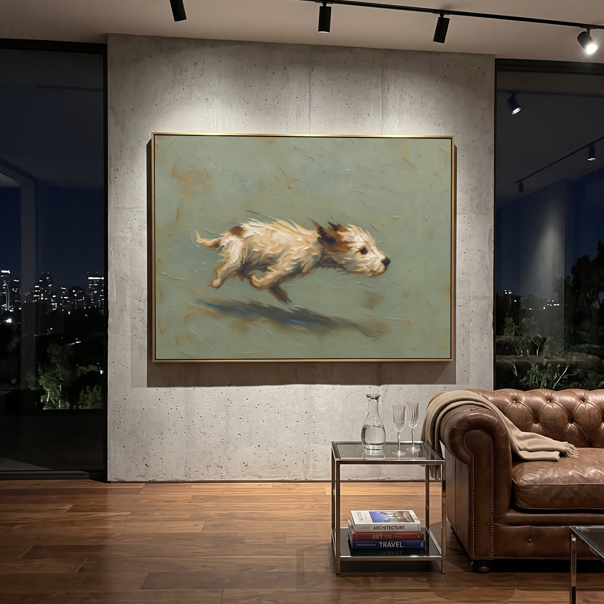 Running Terrier Sage Field focuses on a small light terrier running across a horizontal sage field with dark shadow, using the sage green family as the main atmosphere while keeping the subject and composition specific to the actual main image. The visible details are described from the artwork itself: the placement of the main forms, the surrounding negative space, the relationship between pale highlights and deeper green or dark accents, and the direction of the brushwork across the surface.