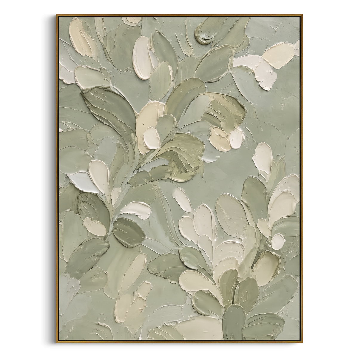 "White Leaf Sage Botanical" - Modern Heavy Impasto Floral Abstract | Green & White Palette Knife Painting | Luxury Vertical Wall Art #PT 2119
