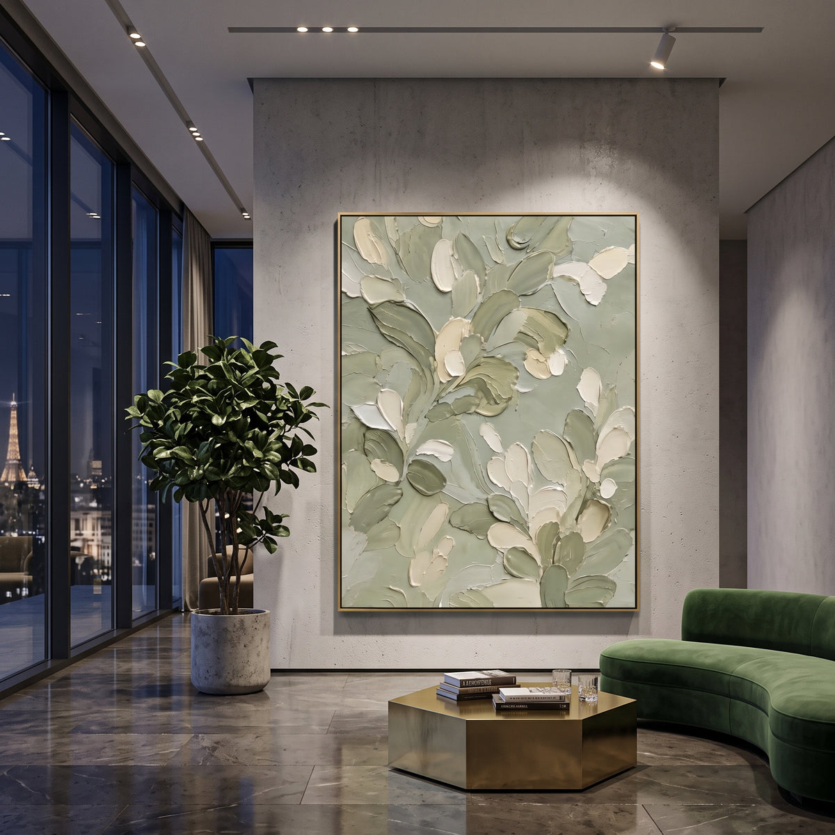 White Leaf Sage Botanical focuses on white leaves and pale blossoms layered over soft sage botanical brushwork, using the sage green family as the main atmosphere while keeping the subject and composition specific to the actual main image. The visible details are described from the artwork itself: the placement of the main forms, the surrounding negative space, the relationship between pale highlights and deeper green or dark accents, and the direction of the brushwork across the surface. Raised