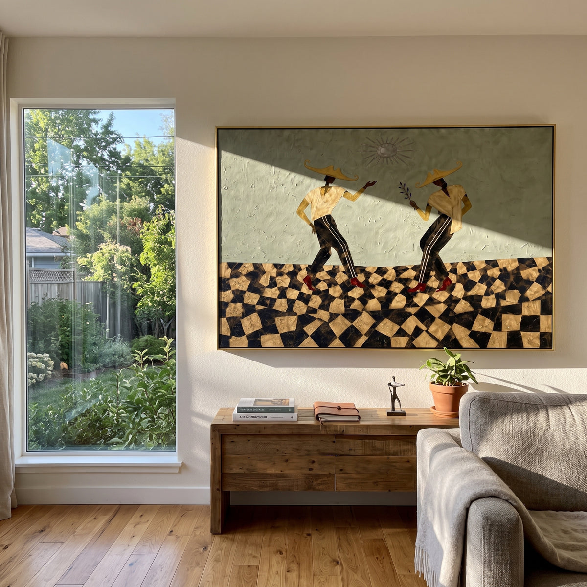 Dancing Cowboys Checkerboard focuses on two dancing western figures on a black and beige checkerboard floor, using the sage green family as the main atmosphere while keeping the subject and composition specific to the actual main image. The visible details are described from the artwork itself: the placement of the main forms, the surrounding negative space, the relationship between pale highlights and deeper green or dark accents, and the direction of the brushwork across the surface. Raised