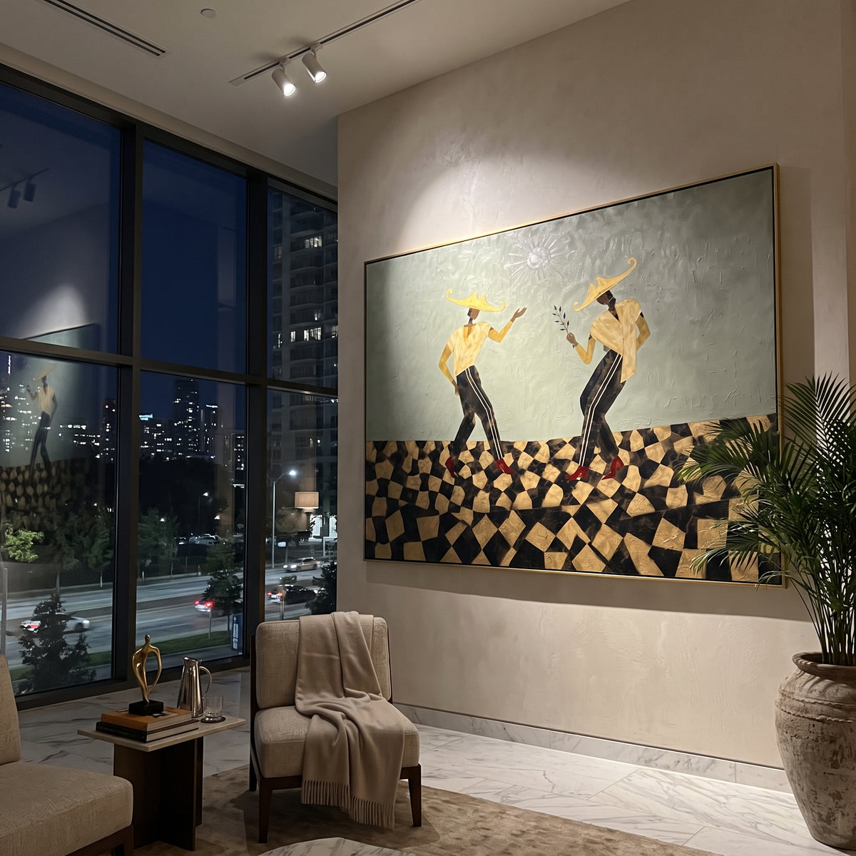 Dancing Cowboys Checkerboard focuses on two dancing western figures on a black and beige checkerboard floor, using the sage green family as the main atmosphere while keeping the subject and composition specific to the actual main image. The visible details are described from the artwork itself: the placement of the main forms, the surrounding negative space, the relationship between pale highlights and deeper green or dark accents, and the direction of the brushwork across the surface. Raised