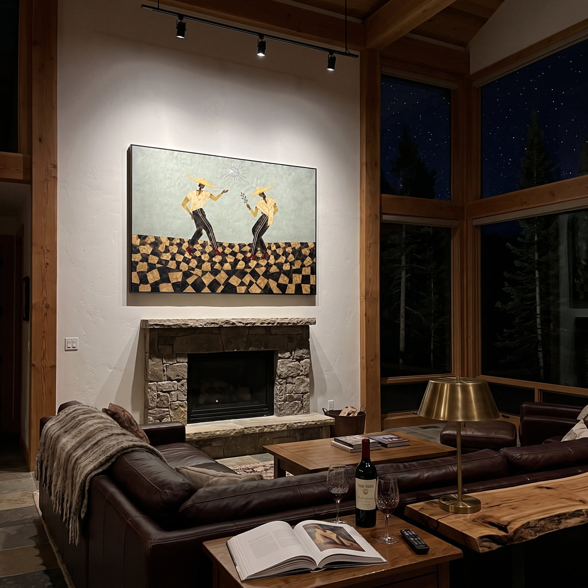 Dancing Cowboys Checkerboard focuses on two dancing western figures on a black and beige checkerboard floor, using the sage green family as the main atmosphere while keeping the subject and composition specific to the actual main image. The visible details are described from the artwork itself: the placement of the main forms, the surrounding negative space, the relationship between pale highlights and deeper green or dark accents, and the direction of the brushwork across the surface. Raised