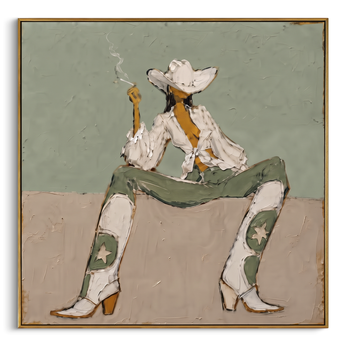 Seated Cowboy Sage Figure focuses on a seated cowboy figure in a wide white hat against muted sage and beige blocks, using the sage green family as the main atmosphere while keeping the subject and composition specific to the actual main image. The visible details are described from the artwork itself: the placement of the main forms, the surrounding negative space, the relationship between pale highlights and deeper green or dark accents, and the direction of the brushwork across the surface.