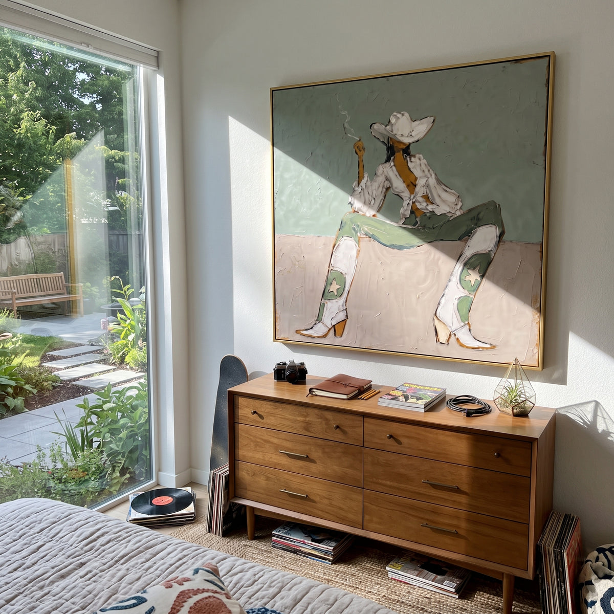 Seated Cowboy Sage Figure focuses on a seated cowboy figure in a wide white hat against muted sage and beige blocks, using the sage green family as the main atmosphere while keeping the subject and composition specific to the actual main image. The visible details are described from the artwork itself: the placement of the main forms, the surrounding negative space, the relationship between pale highlights and deeper green or dark accents, and the direction of the brushwork across the surface.