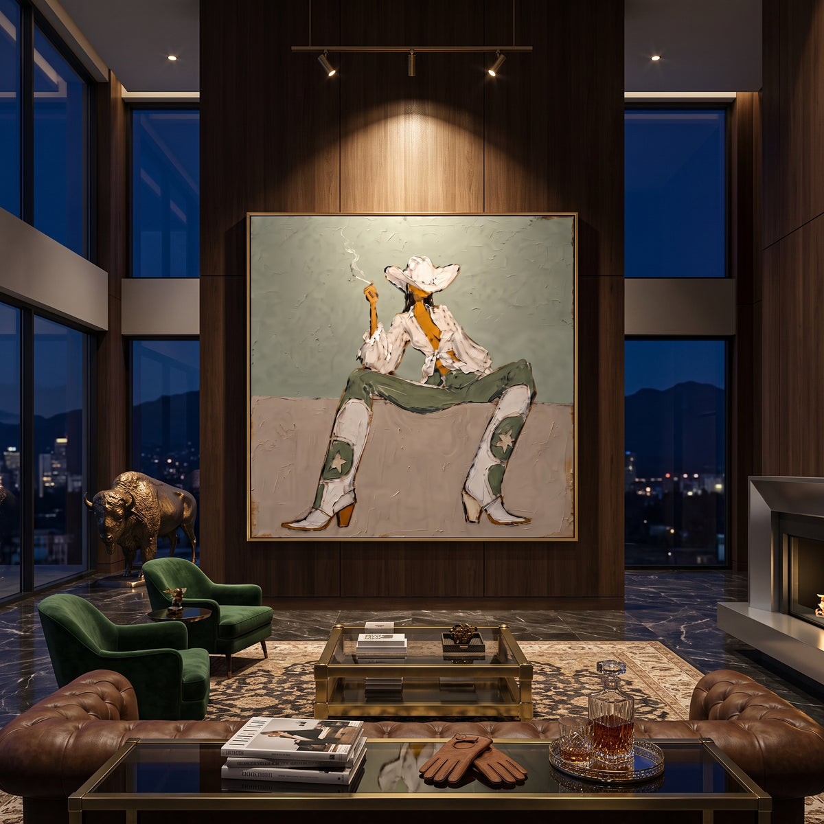 Seated Cowboy Sage Figure focuses on a seated cowboy figure in a wide white hat against muted sage and beige blocks, using the sage green family as the main atmosphere while keeping the subject and composition specific to the actual main image. The visible details are described from the artwork itself: the placement of the main forms, the surrounding negative space, the relationship between pale highlights and deeper green or dark accents, and the direction of the brushwork across the surface.